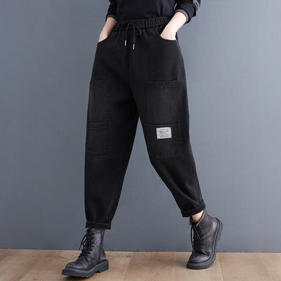 Winter Women Retro Plush Casual Harem Jeans Dec 2021 New Arrival M Black 