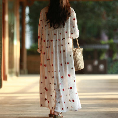 Women A-Line Floral Gathered Cotton Long Sleeve Dress