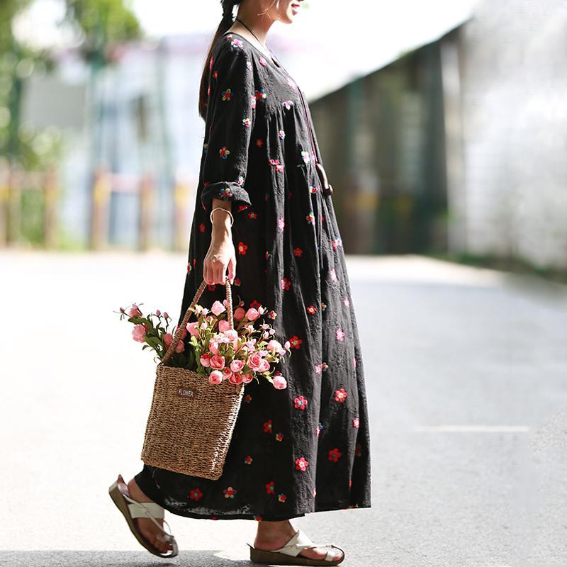 Women A-Line Floral Gathered Cotton Long Sleeve Dress 2019 Jun New 