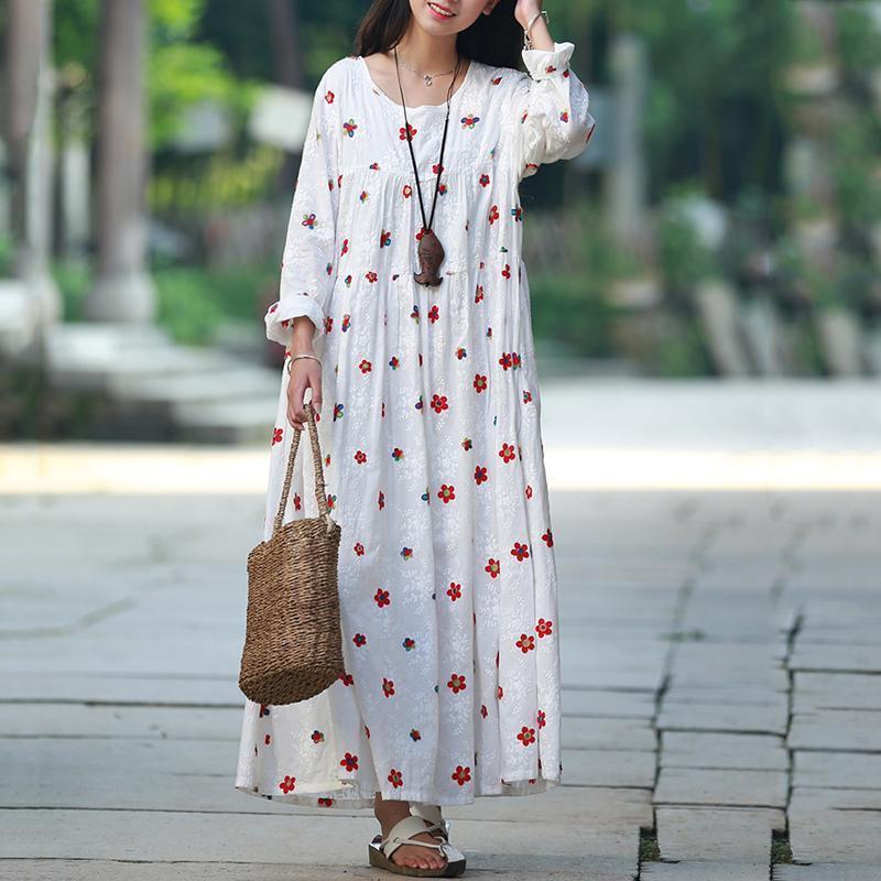 Women A-Line Floral Gathered Cotton Long Sleeve Dress 2019 Jun New 