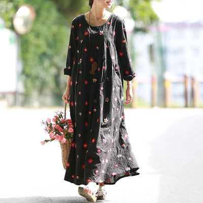 Women A-Line Floral Gathered Cotton Long Sleeve Dress 2019 Jun New One Size Black 