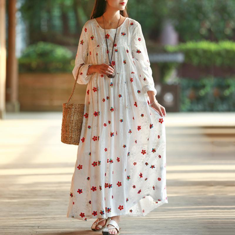 Women A-Line Floral Gathered Cotton Long Sleeve Dress 2019 Jun New One Size White 
