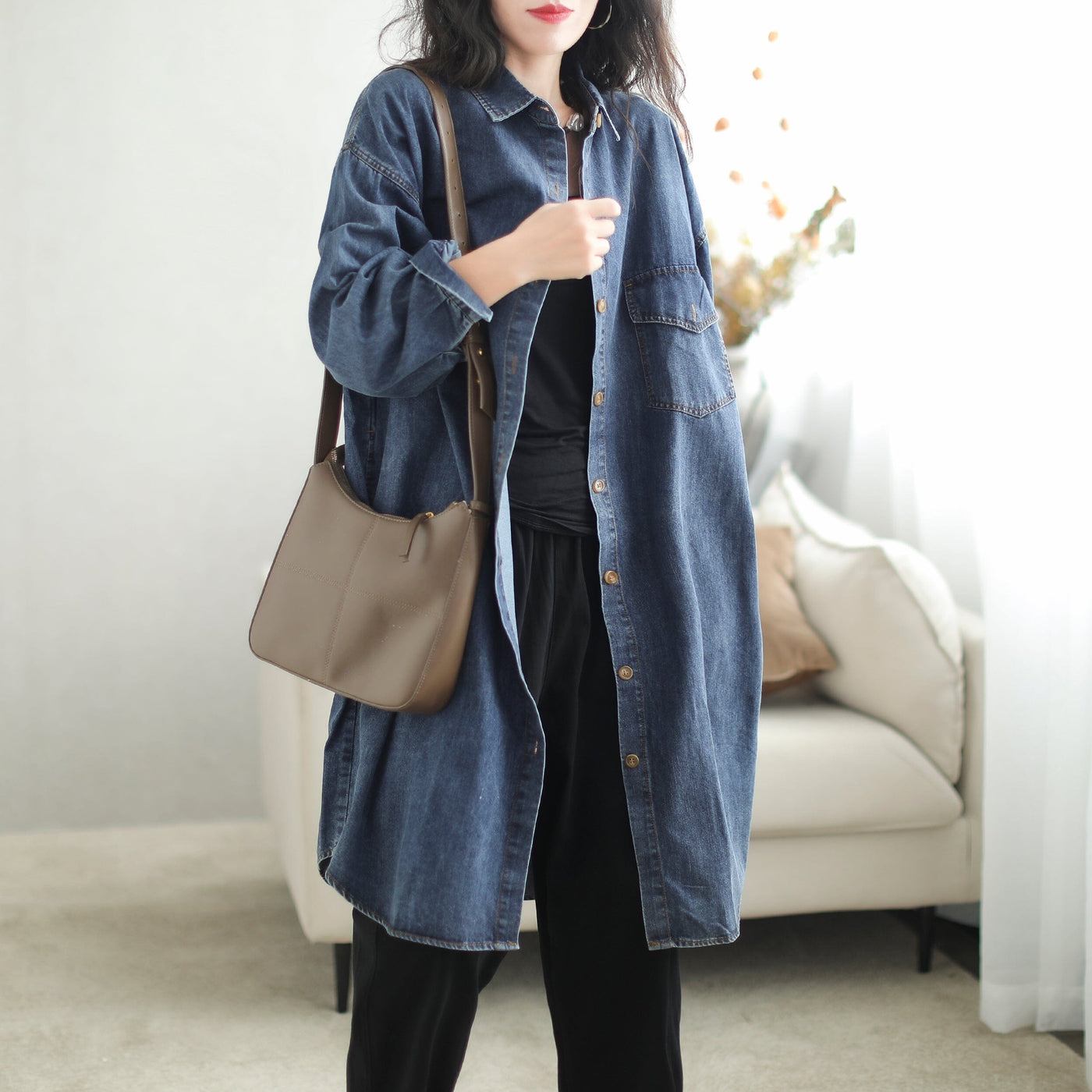 Women Autumn Casual Fashion Denim Overcoat Aug 2023 New Arrival One Size Blue 