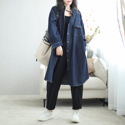 Women Autumn Casual Fashion Denim Overcoat Aug 2023 New Arrival One Size Navy 