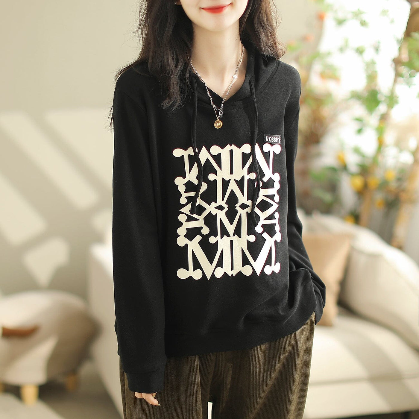 Women Autumn Casual Fashion Print Loose Hoodie Oct 2023 New Arrival One Size Black 
