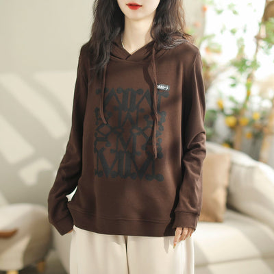 Women Autumn Casual Fashion Print Loose Hoodie Oct 2023 New Arrival One Size Coffee 