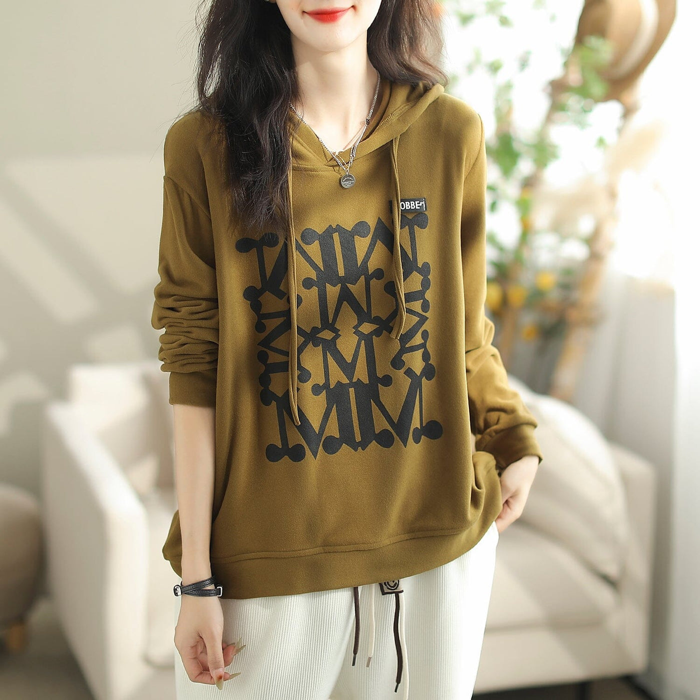 Women Autumn Casual Fashion Print Loose Hoodie Oct 2023 New Arrival One Size Dark Yellow 