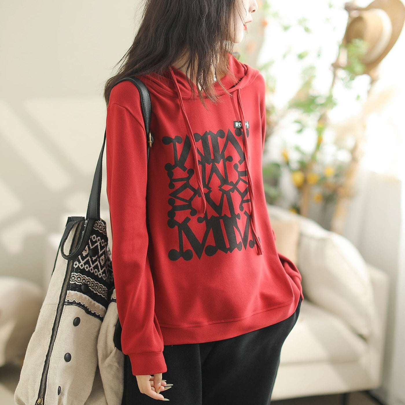 Women Autumn Casual Fashion Print Loose Hoodie Oct 2023 New Arrival One Size Red 