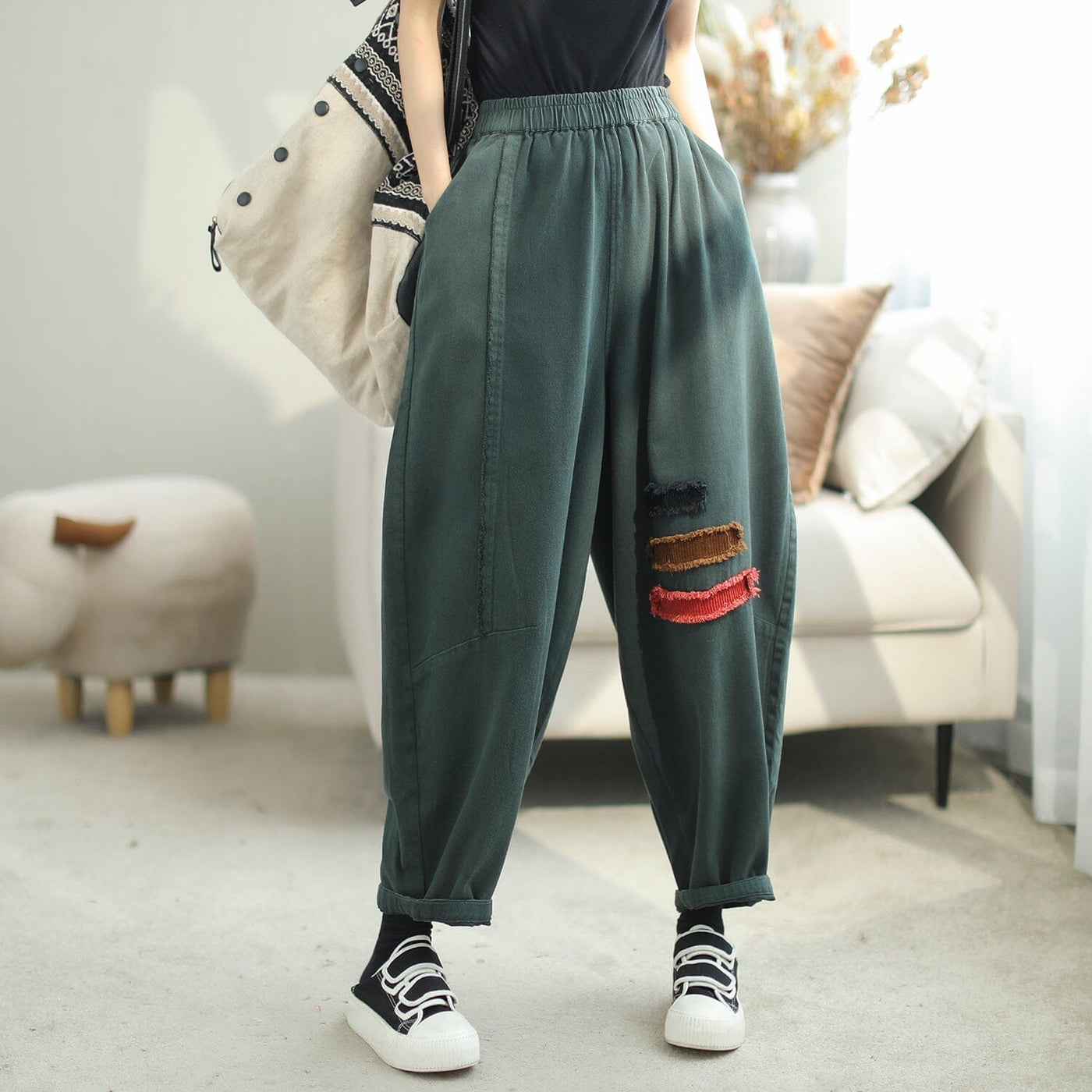 Women Autumn Casual Loose Patchwork Harem Pants Oct 2023 New Arrival One Size Green 