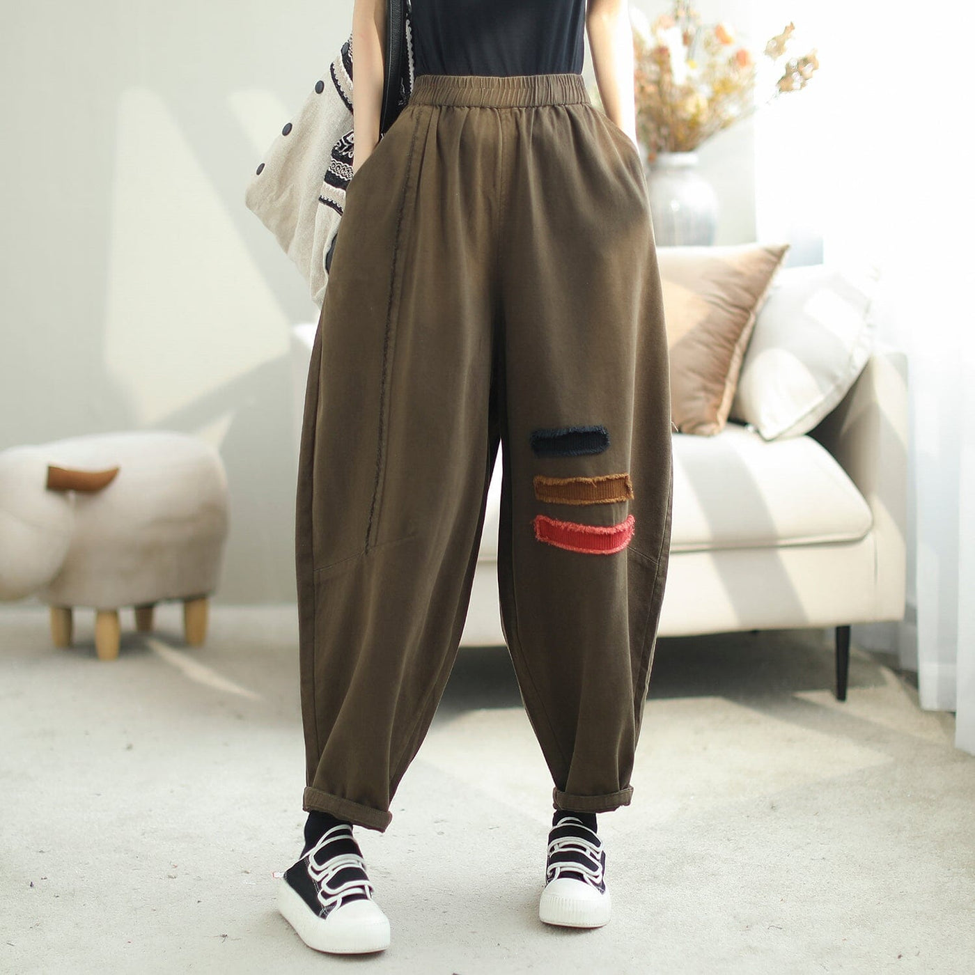 Women Autumn Casual Loose Patchwork Harem Pants Oct 2023 New Arrival One Size Olive 