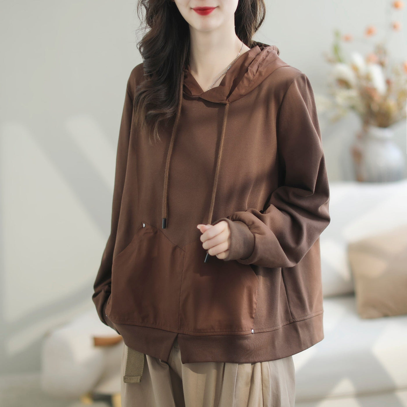Women Autumn Casual Minimalist Loose Hoodie Sep 2023 New Arrival One Size Coffee 