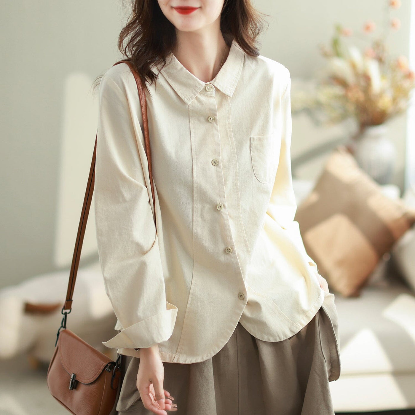 Women Autumn Casual Solid Cotton Loose Blouse