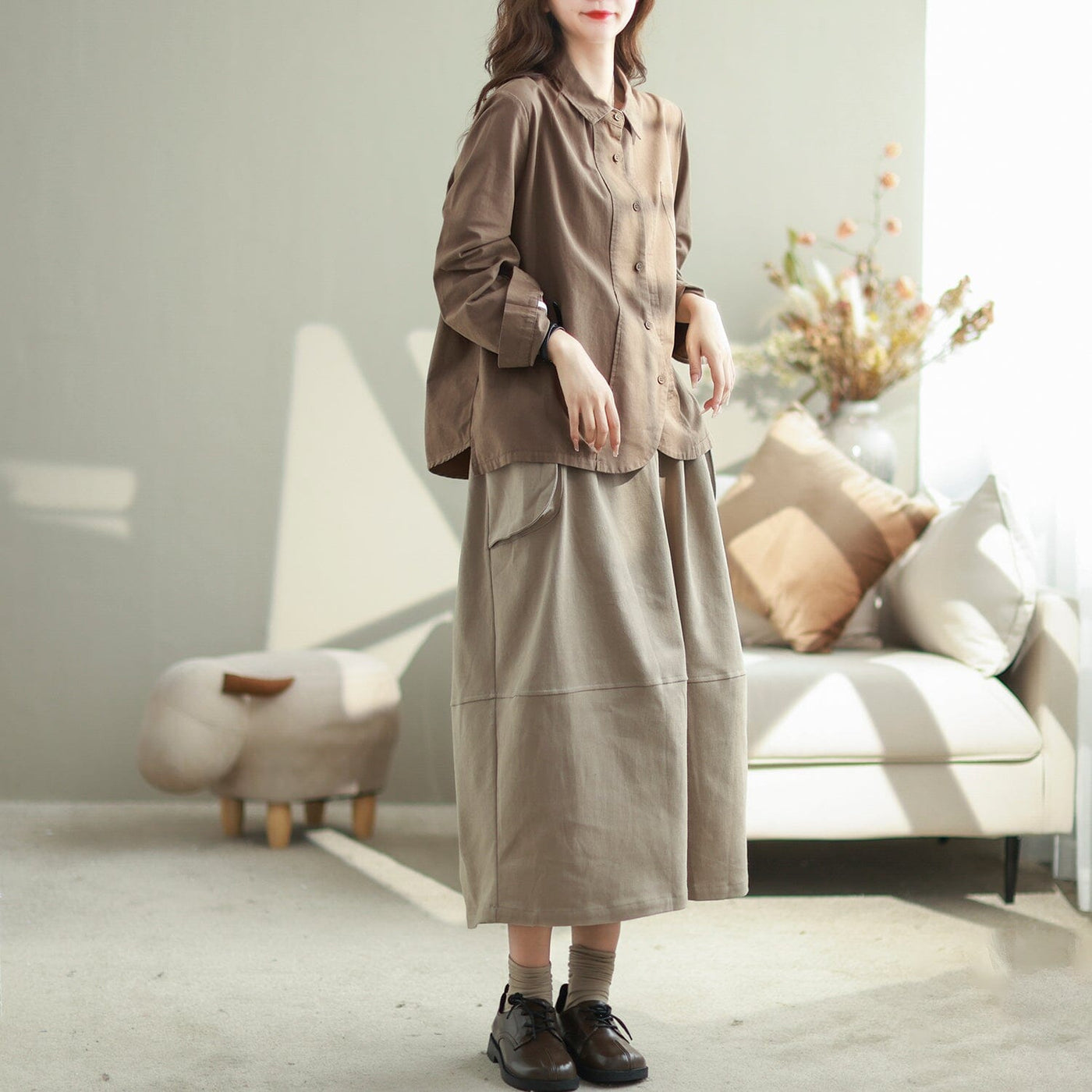 Women Autumn Casual Solid Cotton Loose Blouse Sep 2023 New Arrival 