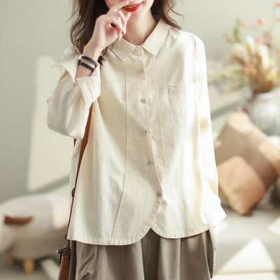 Women Autumn Casual Solid Cotton Loose Blouse Sep 2023 New Arrival One Size Apricot 