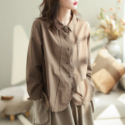 Women Autumn Casual Solid Cotton Loose Blouse Sep 2023 New Arrival One Size Coffee 