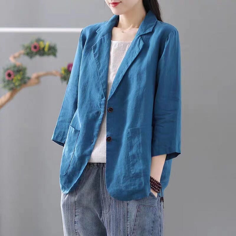 Women Autumn Casual Solid Linen Jacket Aug 2023 New Arrival Blue One Size 
