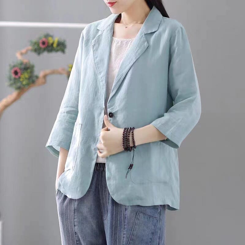 Women Autumn Casual Solid Linen Jacket Aug 2023 New Arrival Light Blue One Size 