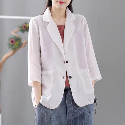 Women Autumn Casual Solid Linen Jacket Aug 2023 New Arrival White One Size 