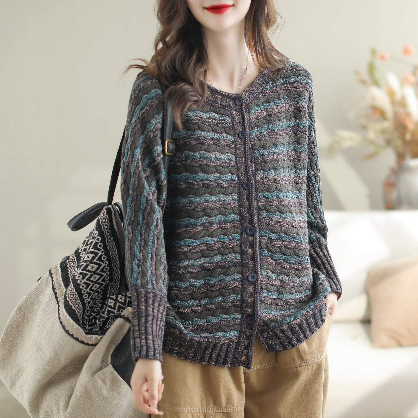 Women Autumn Casual Stripe Cotton Knitted Cardigan