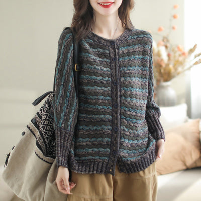Women Autumn Casual Stripe Cotton Knitted Cardigan Sep 2023 New Arrival One Size Blue 