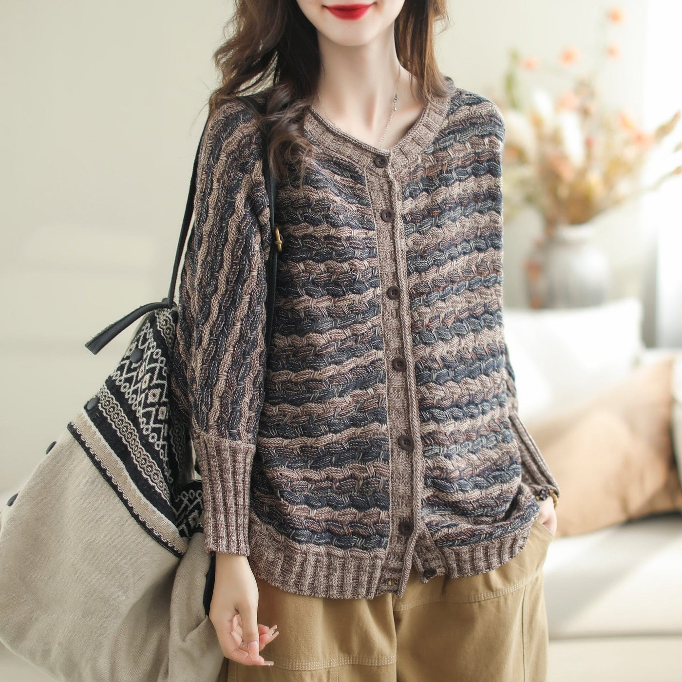 Women Autumn Casual Stripe Cotton Knitted Cardigan Sep 2023 New Arrival One Size Coffee 