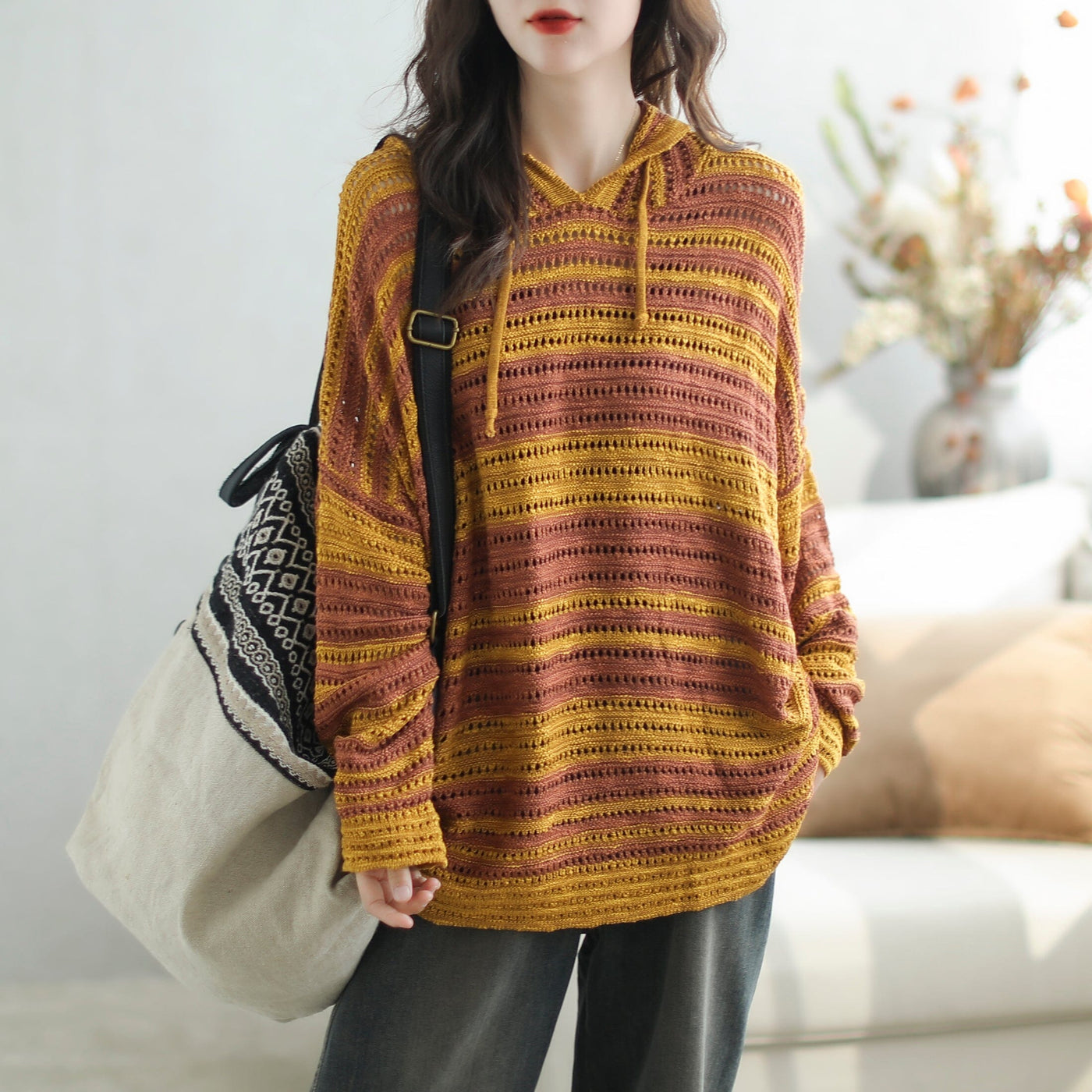 Women Autumn Casual Stripe Knitted Hooded Coat