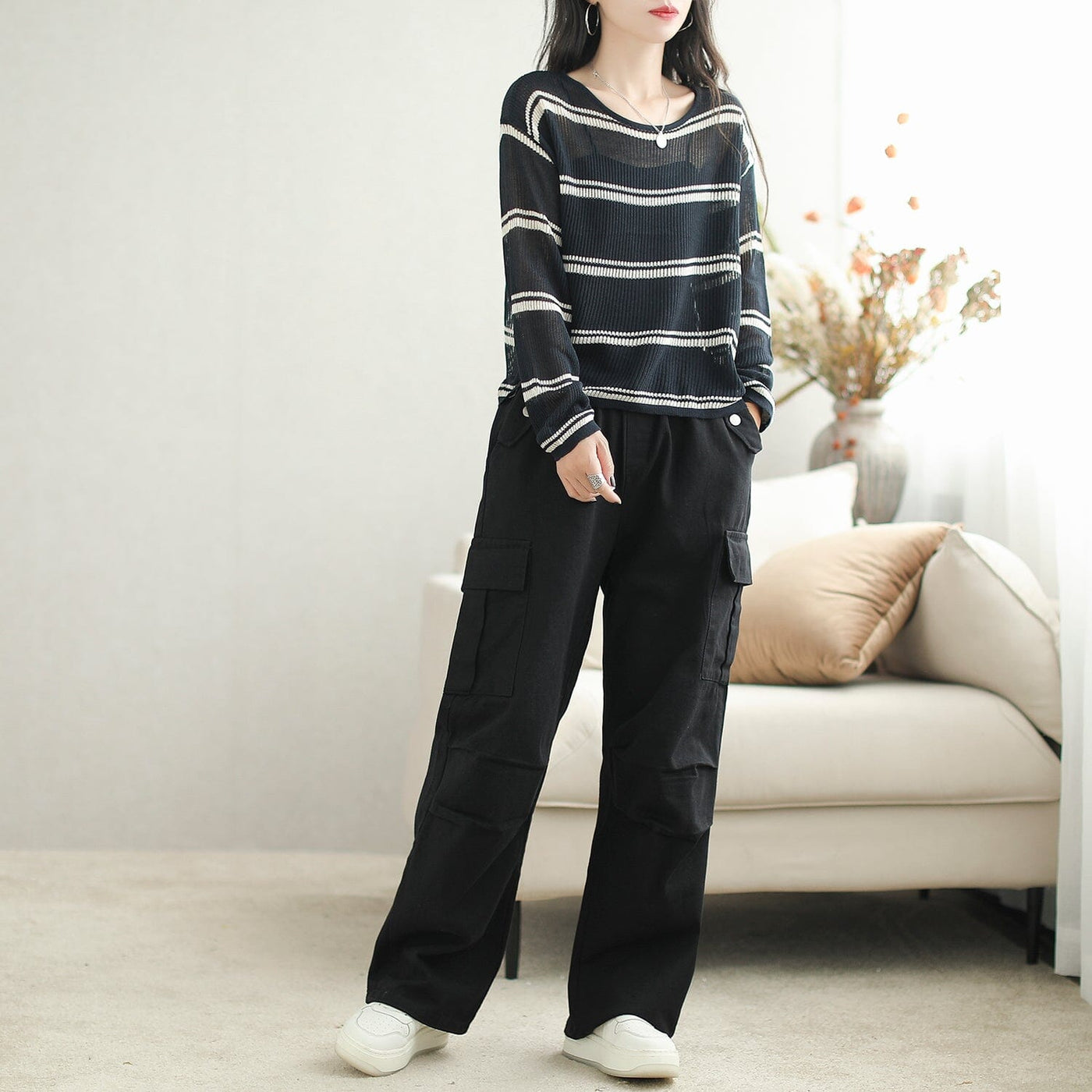 Women Autumn Casual Stripe Loose Top Sep 2023 New Arrival 