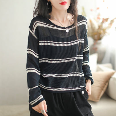 Women Autumn Casual Stripe Loose Top Sep 2023 New Arrival One Size Black 