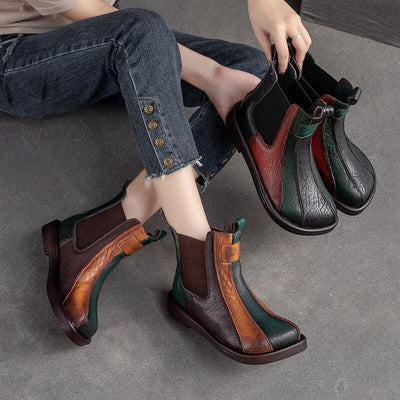 Women Autumn Color Matching Leather Flat Ankle Boots Sep 2023 New Arrival 