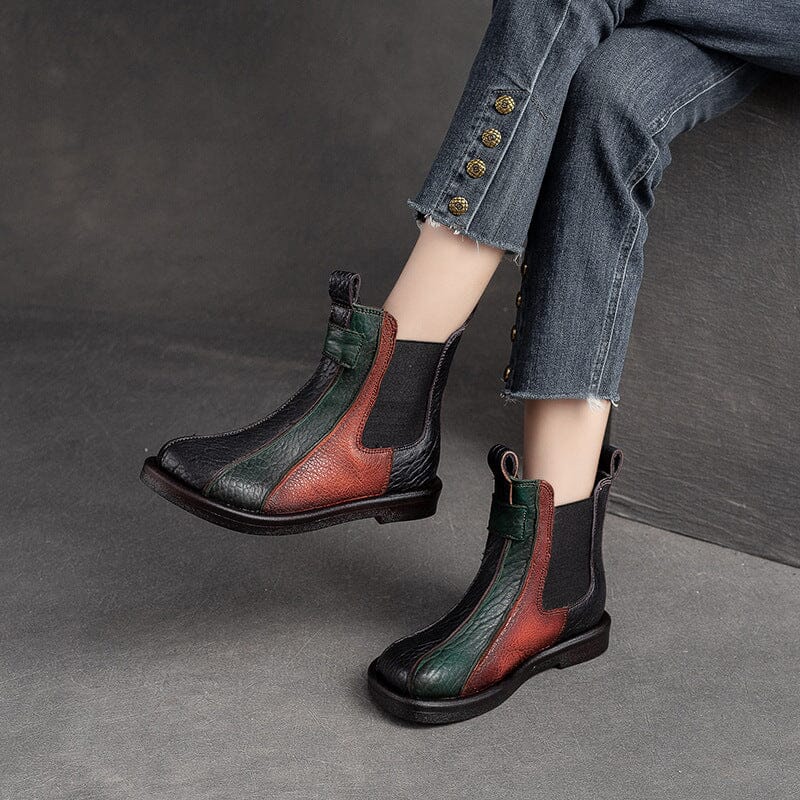 Women Autumn Color Matching Leather Flat Ankle Boots