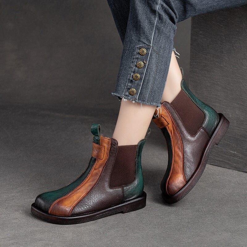 Women Autumn Color Matching Leather Flat Ankle Boots Sep 2023 New Arrival 