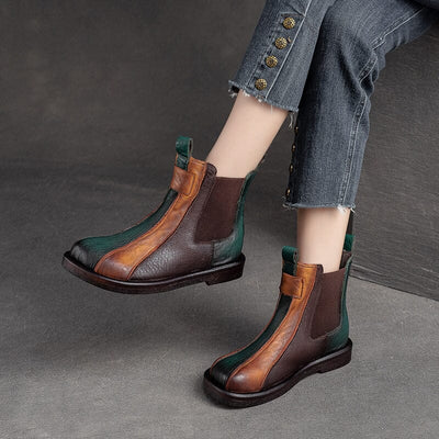 Women Autumn Color Matching Leather Flat Ankle Boots