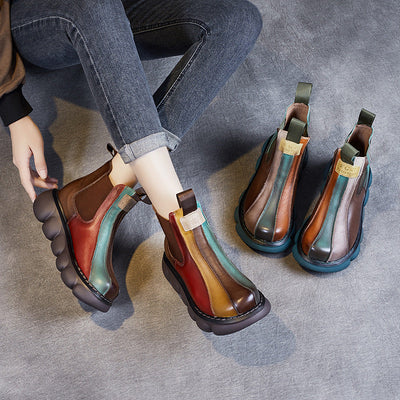 Women Autumn Color Matching Leather Platform Boots