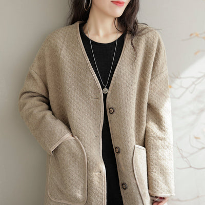 Women Autumn Cotton Solid Casual Overcoat
