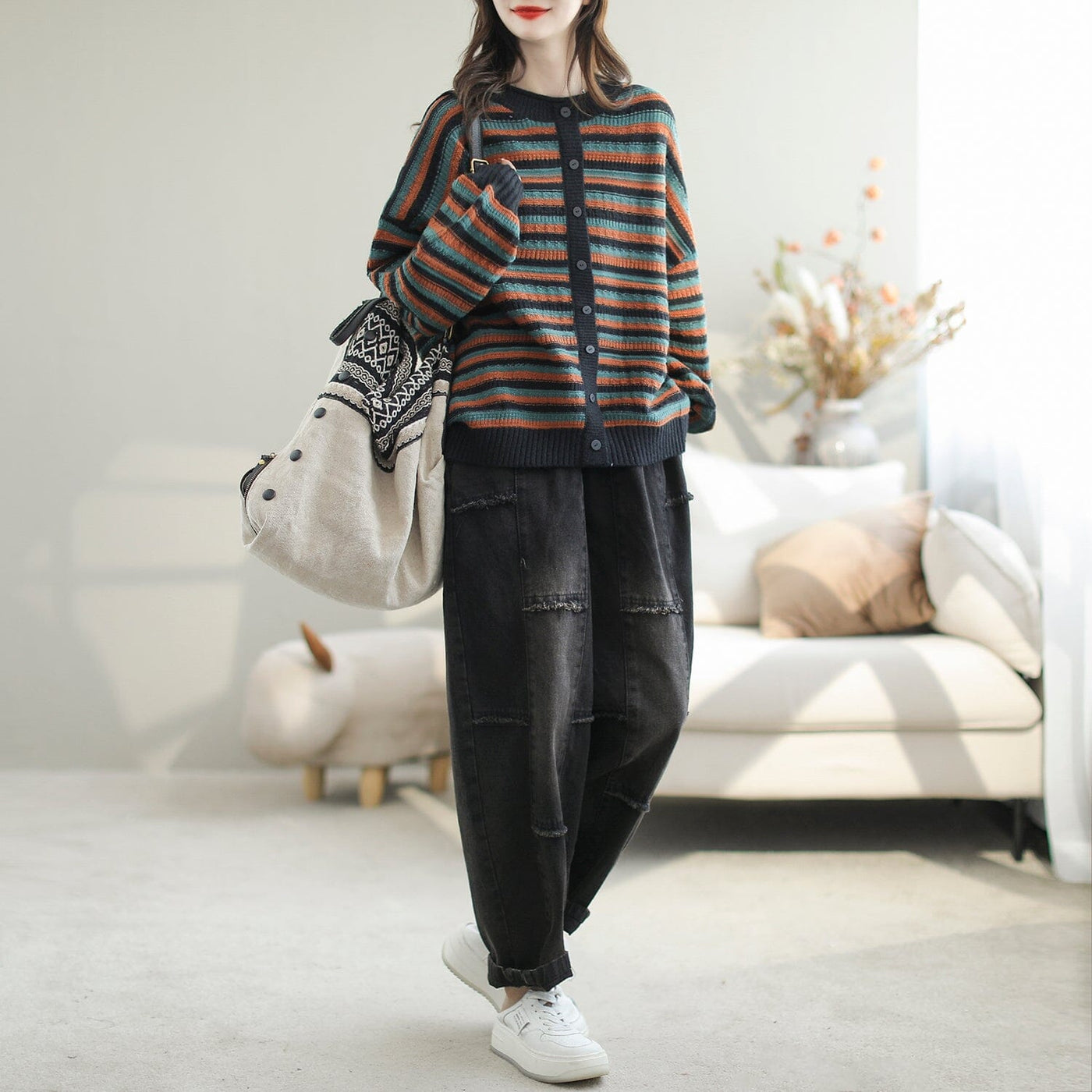 Women Autumn Fashion Stripe Casual Knitted Cardigan