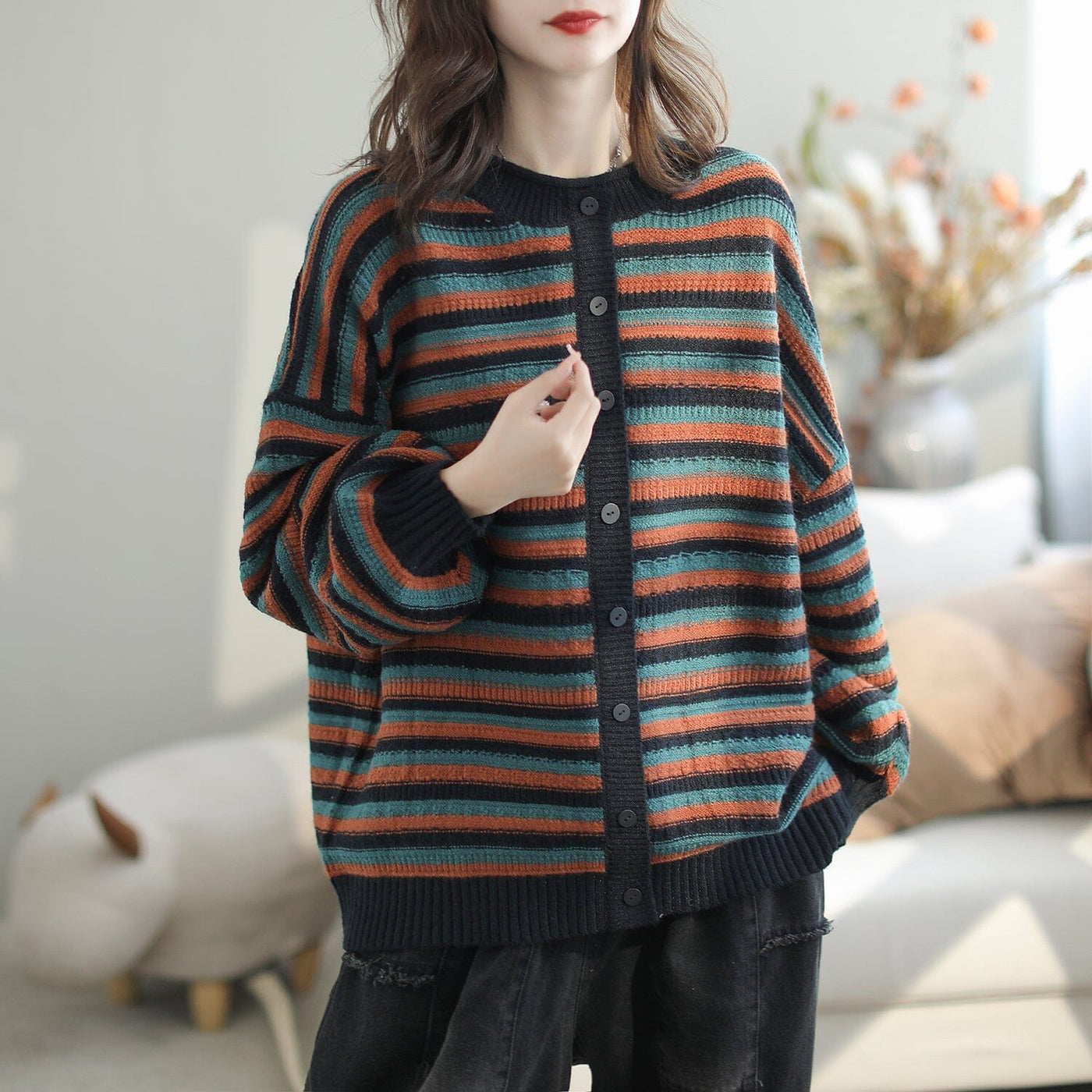 Women Autumn Fashion Stripe Casual Knitted Cardigan