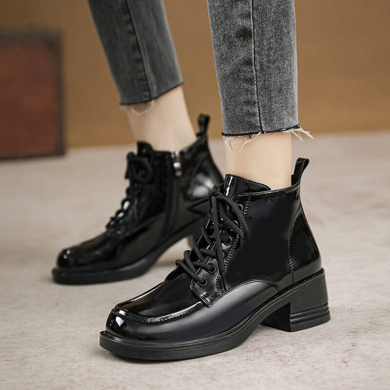 Women Autumn Glossy Leather Wedge Casual Boots