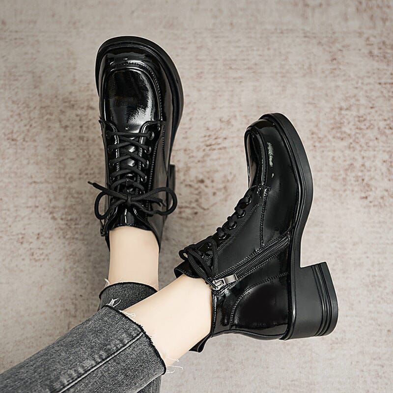 Women Autumn Glossy Leather Wedge Casual Boots