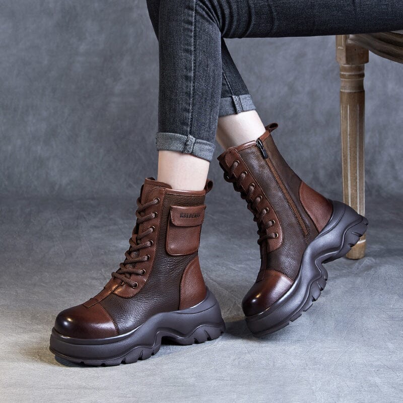Women Autumn Leather Platform Combat Boots