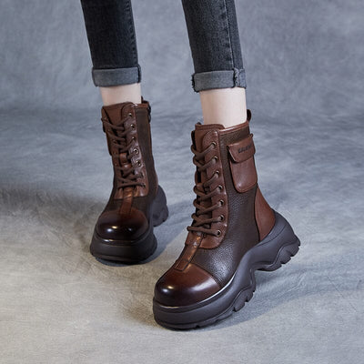 Women Autumn Leather Platform Combat Boots