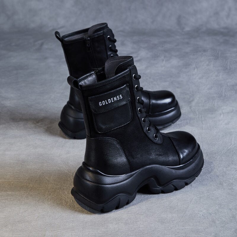 Women Autumn Leather Platform Combat Boots Sep 2023 New Arrival 
