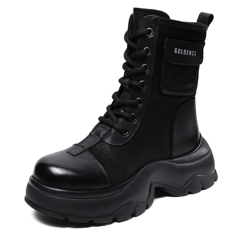 Women Autumn Leather Platform Combat Boots Sep 2023 New Arrival Black 35 