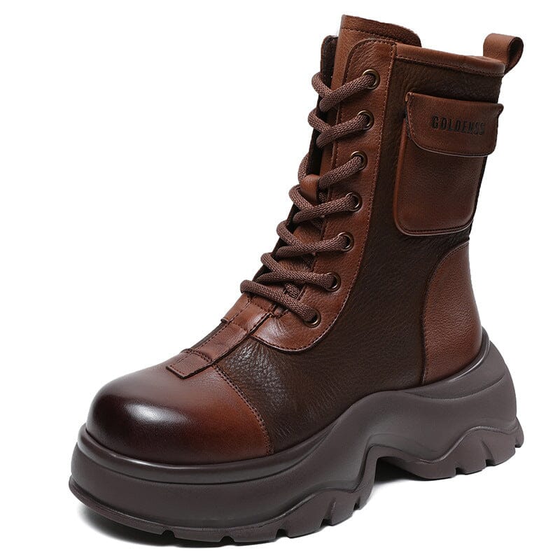 Women Autumn Leather Platform Combat Boots Sep 2023 New Arrival Brown 35 