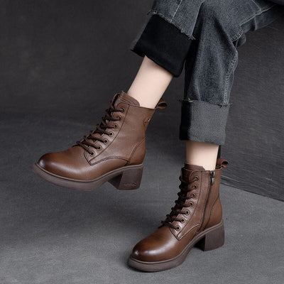 Women Autumn Leather Retro Chunky Heel Boots