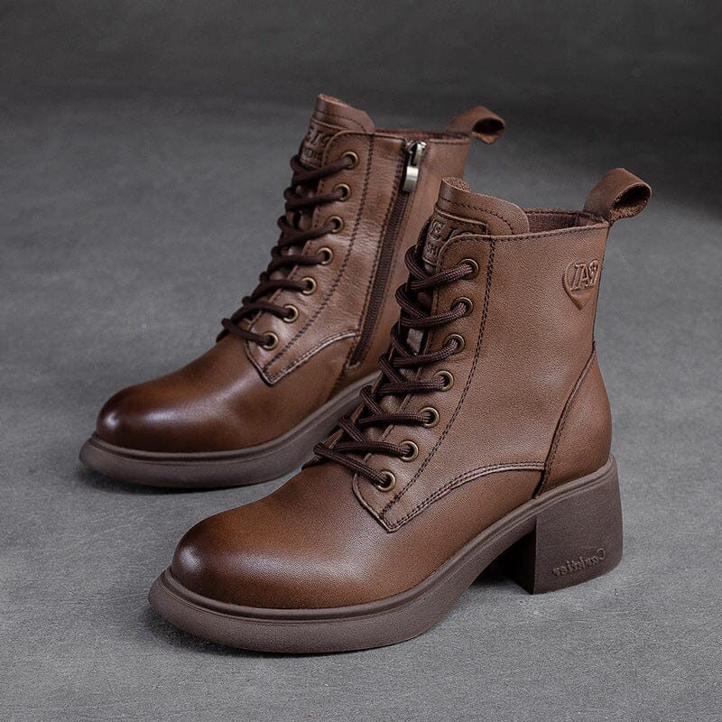 Women Autumn Leather Retro Chunky Heel Boots