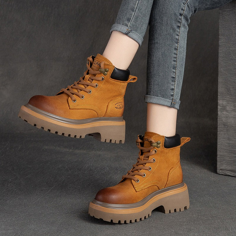 Women Autumn Leather Retro Fashion Thick Soled Boots