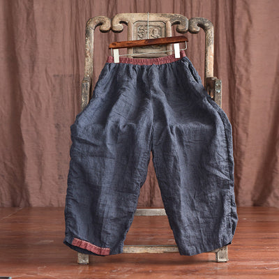 Women Autumn Linen Retro Loose Casual Pants Aug 2022 New Arrival Blue one size 