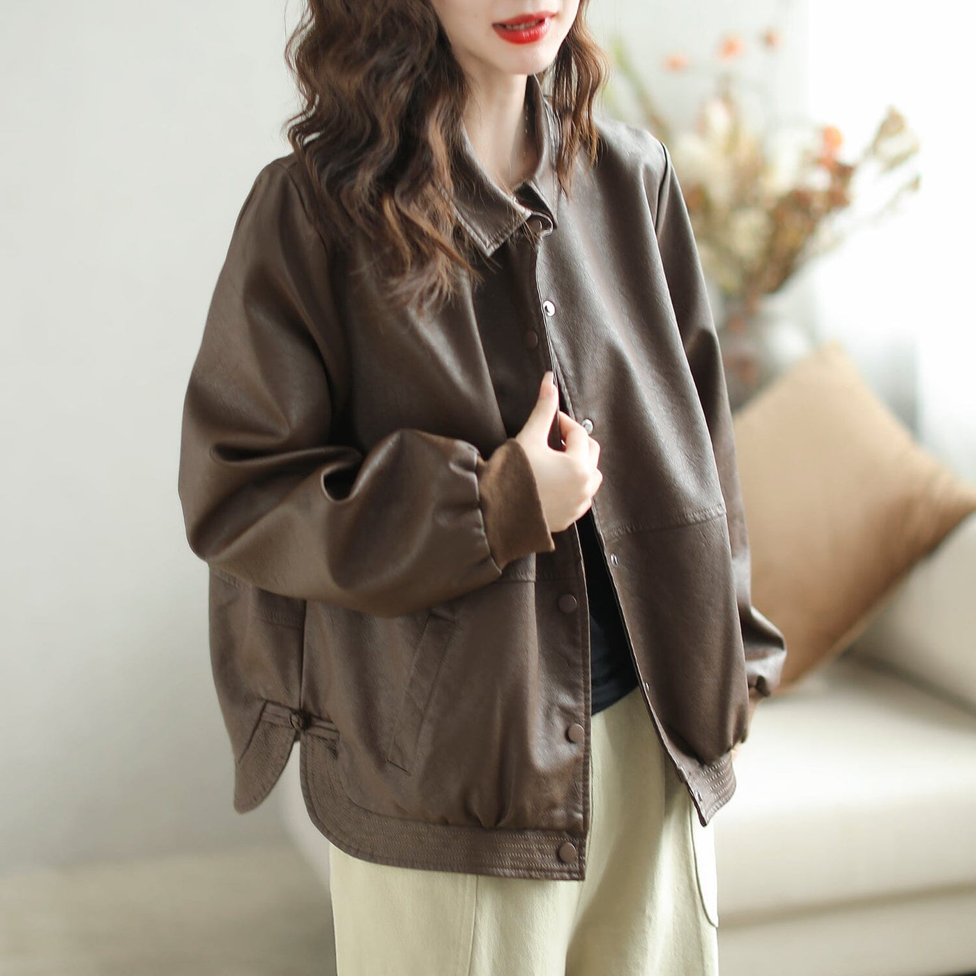 Women Autumn Loose Casual Classic Leather Jacket Sep 2023 New Arrival M Coffee 