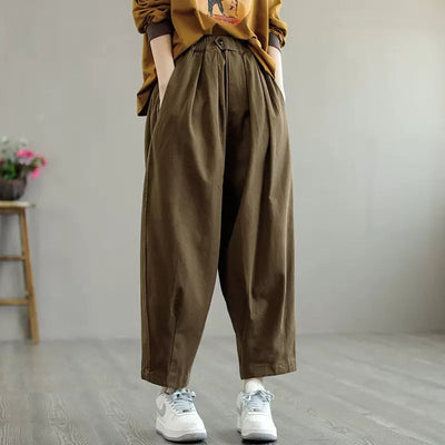 Women Autumn Loose Cotton Retro Solid Pants