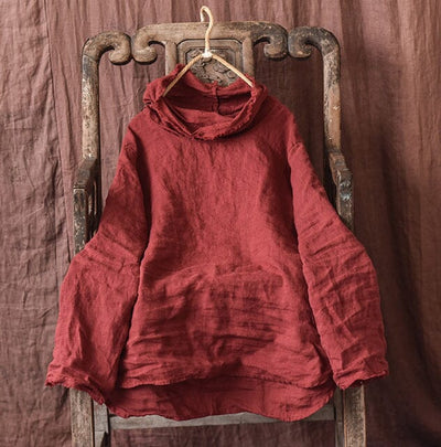 Women Autumn Loose Retro Linen Pleated Blouse Dec 2022 New Arrival Red One Size 